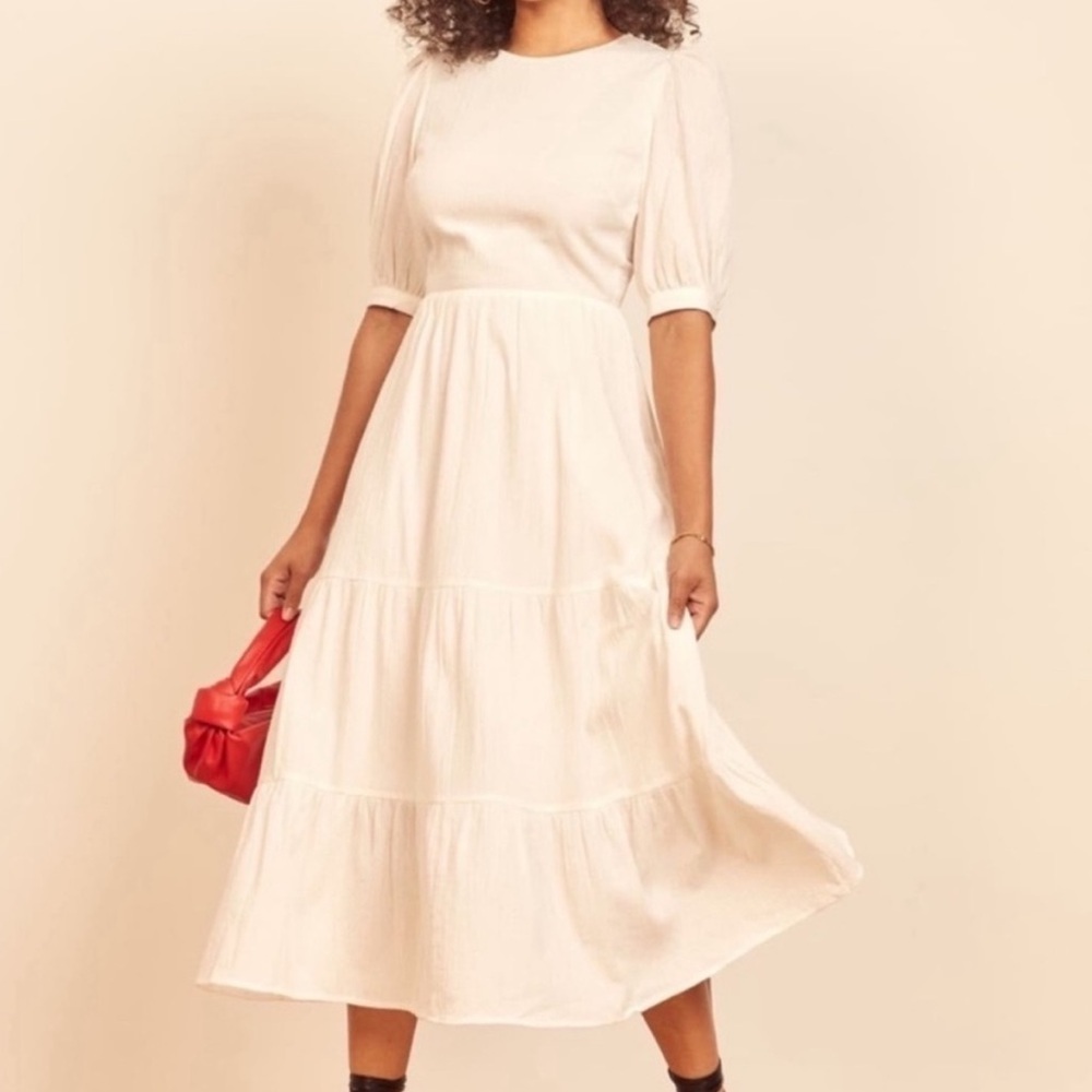 Reformation Chicago Dress White Tiered Maxi Midi Open Back Tie 1/2 Sleeve 0/XS